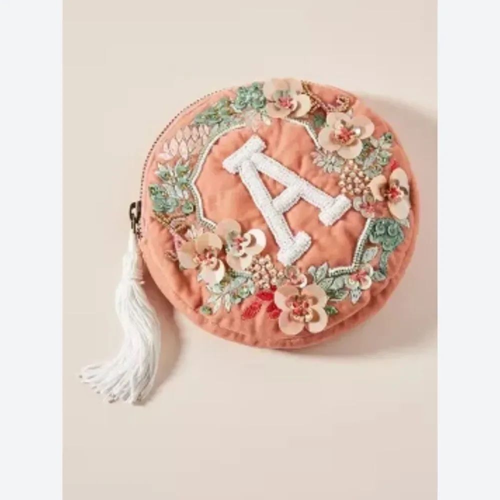 Anthropologie Floral Embroidered Pouch - Tan and Cream Initial A